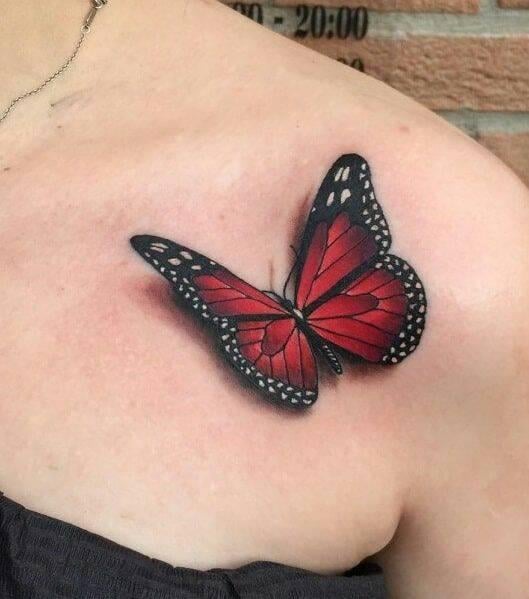 11 나비 문신 어깨 쇄골에 붉은 나비