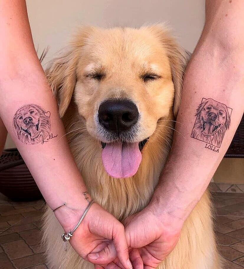 16 tatuaggi di cani ritratti su entrambi gli avambracci della coppia nome lolla faccia quadrata e rotonda