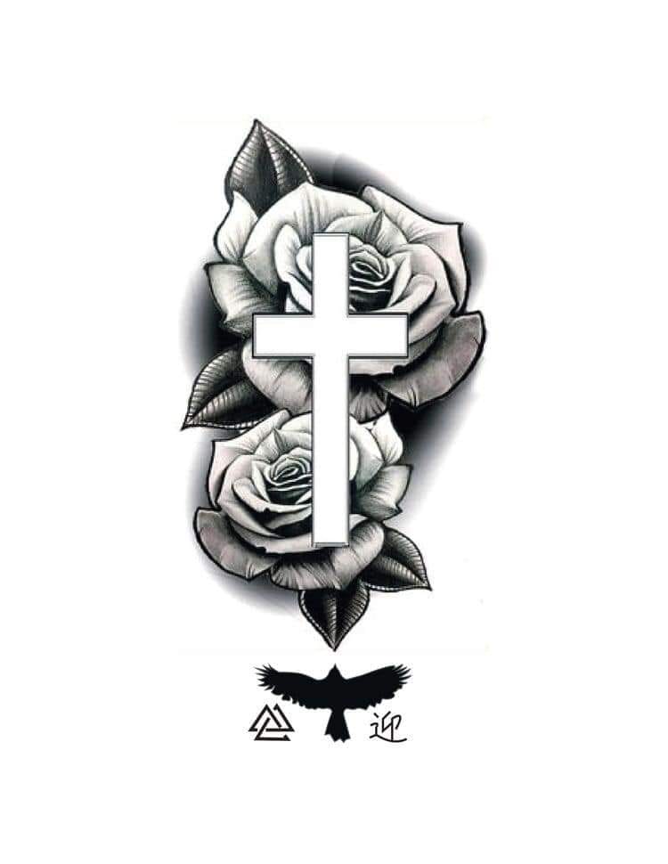 17 Modello di schizzo di tatuaggi incrociati di due rose con croce più simbolo di aquila e triangoli