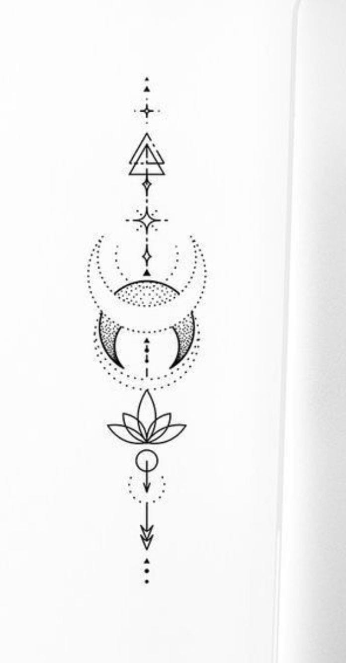18 desenhos de tatuagens de flores de lótus que significam esboço com luas voltadas e triângulos de setas