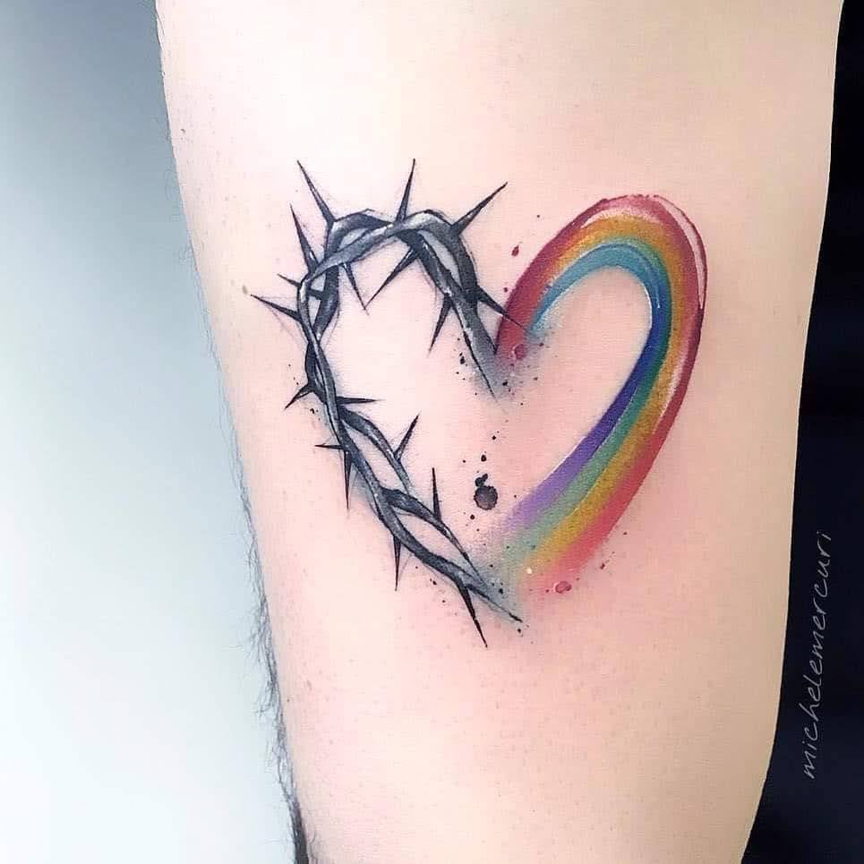 2 TOP 2 Heart Tattoo Half Rainbow and Half Barbed Wire