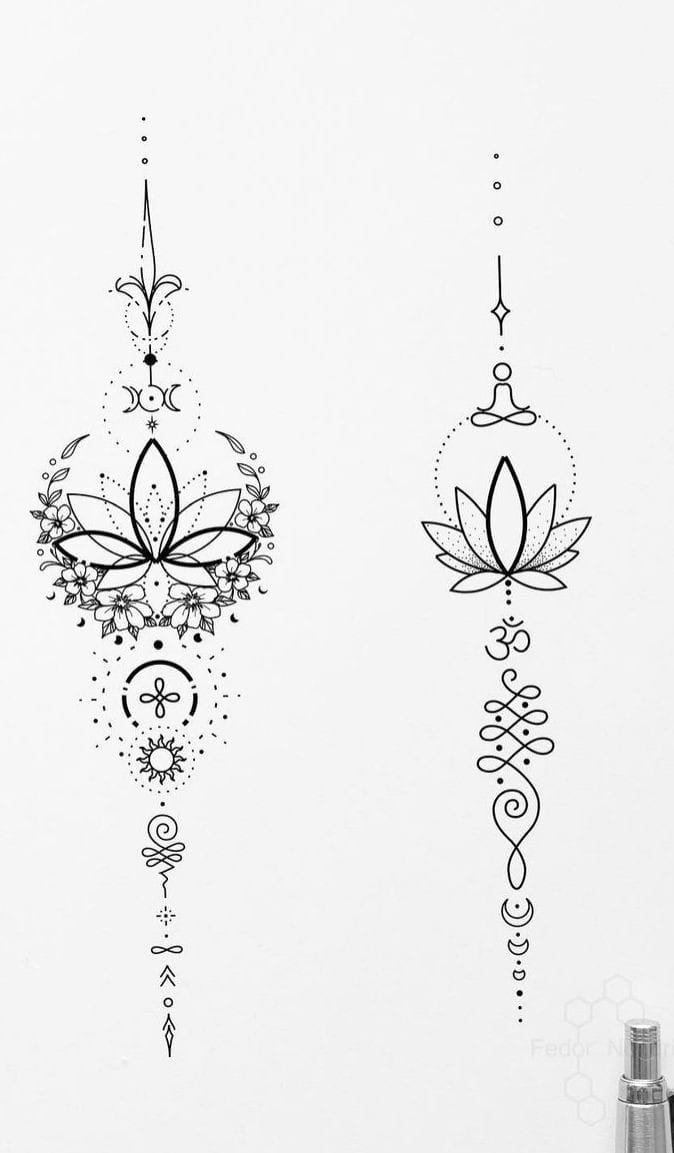 21 tatuajes flor de loto diseño significado boceto dos hermosos modelos con unalome buda lunas