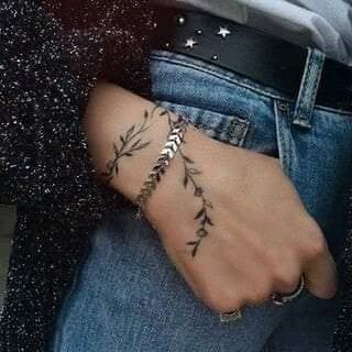234 Tattoo on Hand and Wrist type Bracelet of Twig of Leaves