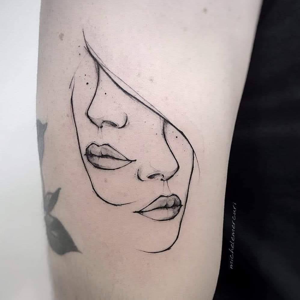 3 TOP 3 Tattoo Contour of two Faces of a woman type theater masks in black