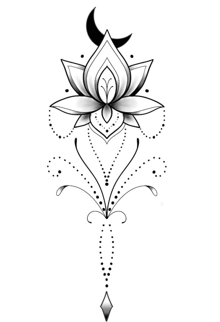 33 tatuajes flor de loto diseño significado boceto hermoso con lineas de puntos media luna en la aprte de arriba