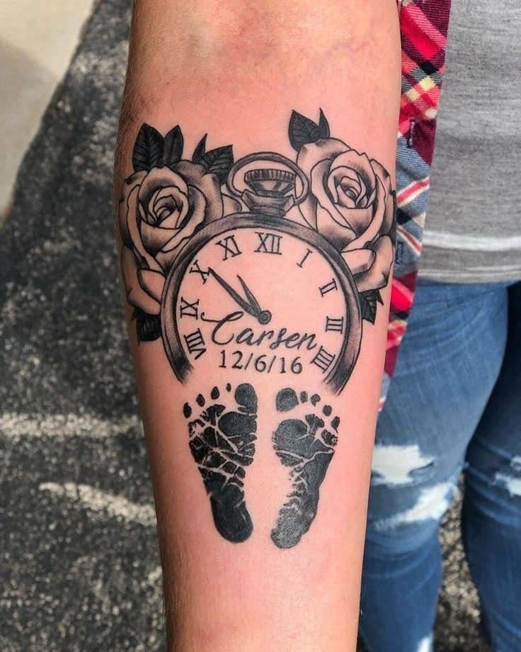 39 Tattoos of Mothers for Children Clock with Roman numerals little pink feet carsen name and date of birth