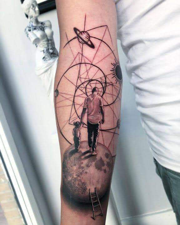 4 TOP 4 Father and Daughter Tattoo standing on the Moon on the horizon you can see Fibonacci spiral Geometric drawings with the Planets and Sun