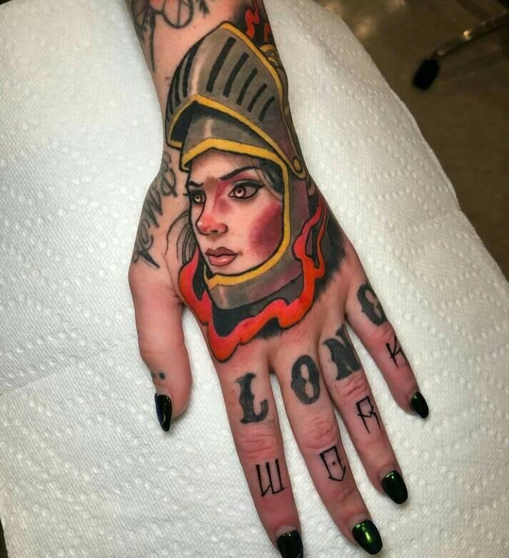 5 TOP 5 Tattoos on the Hands of a Woman's Face portrait with medieval armor yellow and orange colors