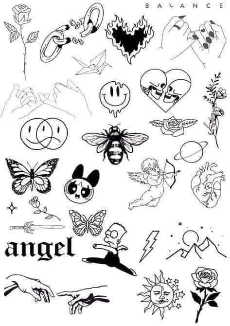 6 idee, schizzi e modelli di tatuaggi, rose assortite, facce sovrapposte, ape, Bart, sole, cuore rosa, montagne, cupido, catena che si spezza