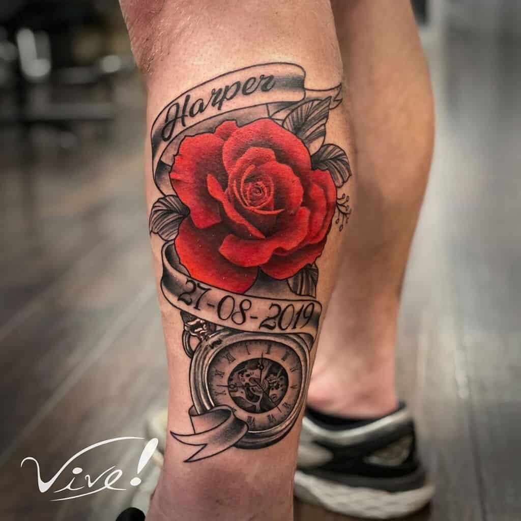 61 Tattoos of Red Roses with name Roman clock ribbon and date on man's calf