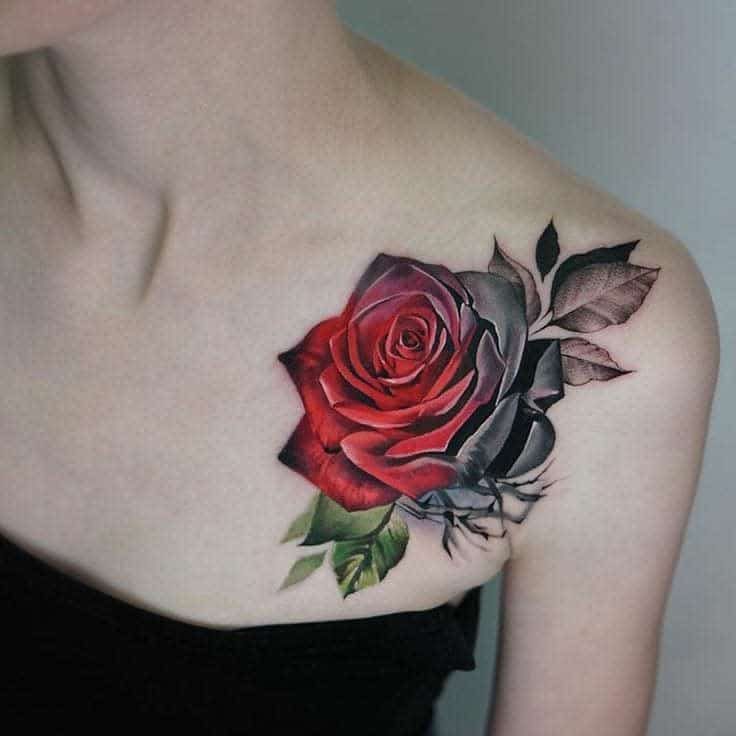 81 Tattoos of Large Red Roses on Clavicle