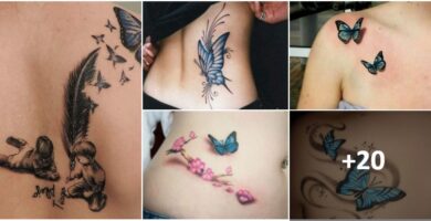 Collage-Tattoos mit blauen Schmetterlingen
