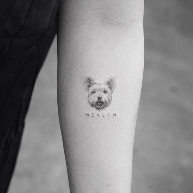 Pequeno retrato de tatuagens de cachorro no braço com o nome MENEON