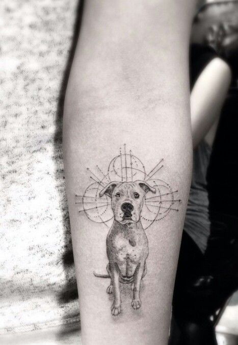 Tatouages de chien portrait de chien blanc et derrière des dessins géométriques de lune sur l'avant-bras