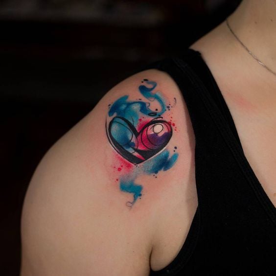Watercolor Celestial and Red Heart Tattoos on Shoulder