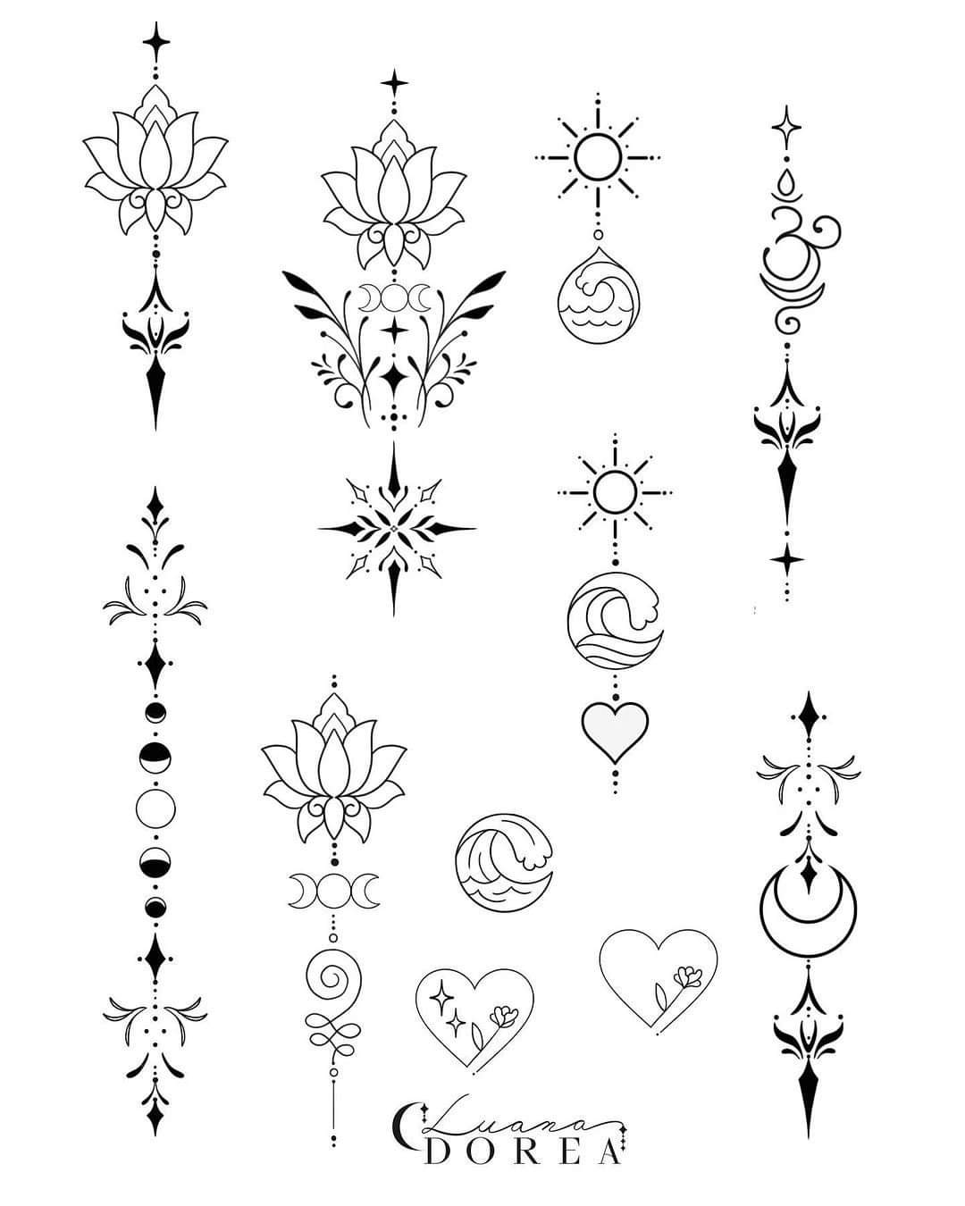 109 Tatuajes en la Columna varios bocetos longitudinales con fases lunares flor de loto unalome corazones