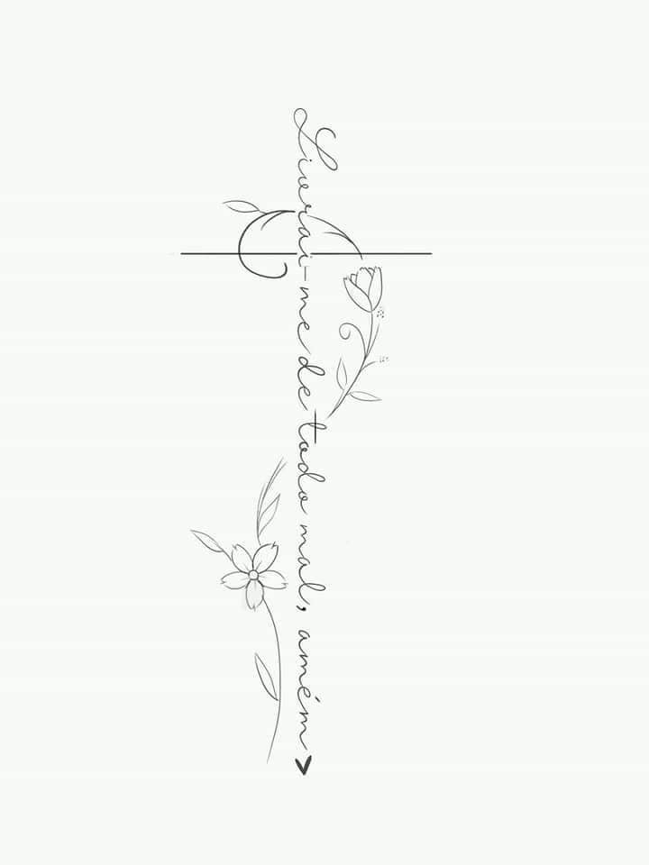 113 Tatuajes Bocetos Plantillas Ideas para columna Cruz con Enredadera y flores con incripcion a lo largo