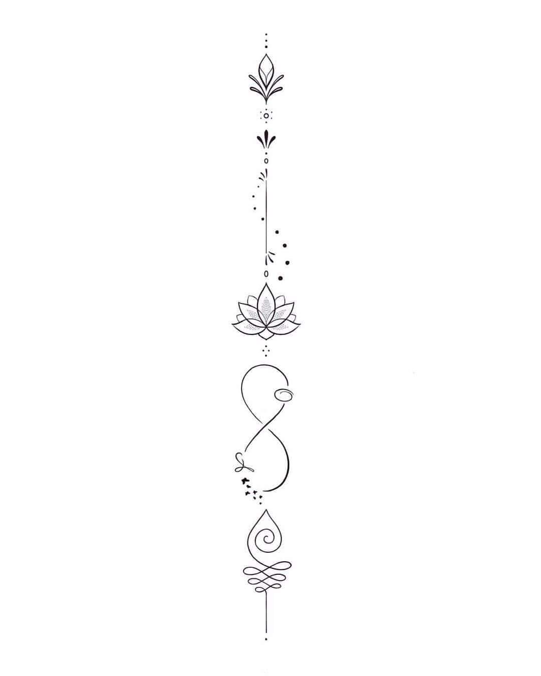 121 Tatuaggi sulla colonna vertebrale Schizzo Fiore di loto Linee infinite di uccelli Unalome