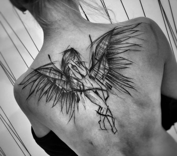140 Tattoos of Phoenix Bird mixed with angel back shoulder blades drawing black ink