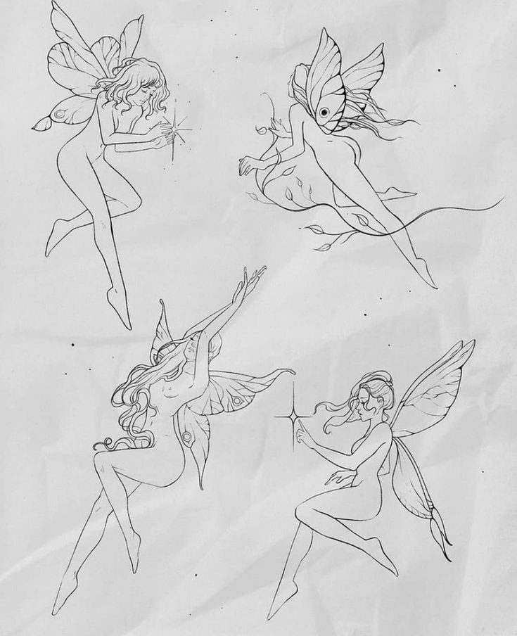 16 Tattoos Sketches Templates of Fairies four drawings with stars and a woman's body