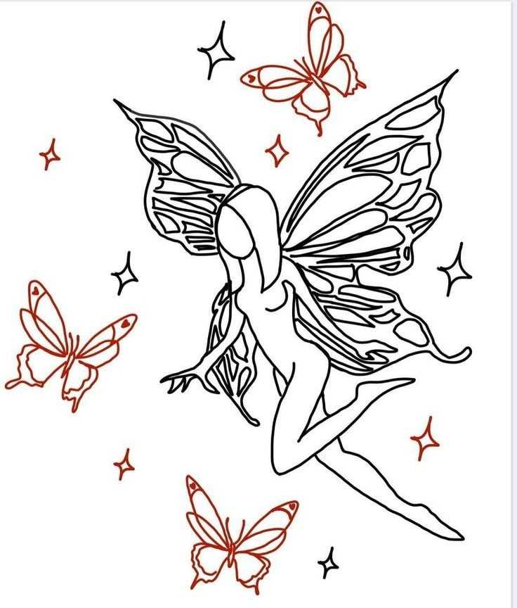 16 Tatuajes Bocetos Plantillas de Hadas en negro con mariposas rojas contorno y estrellas