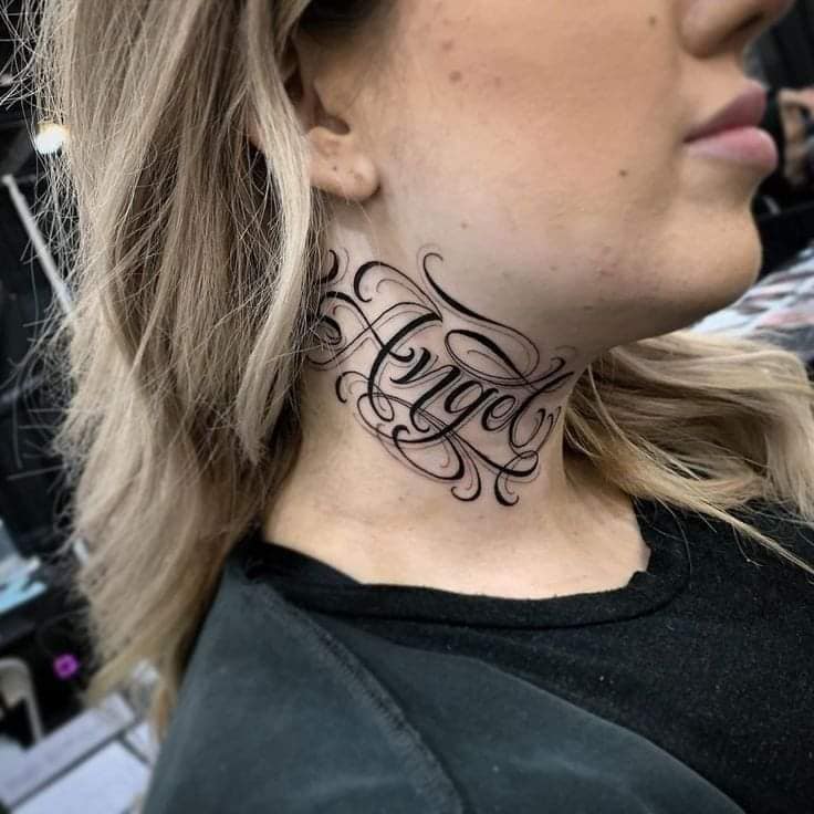 18 Tattoos on the Neck Name Angel with ornate letters