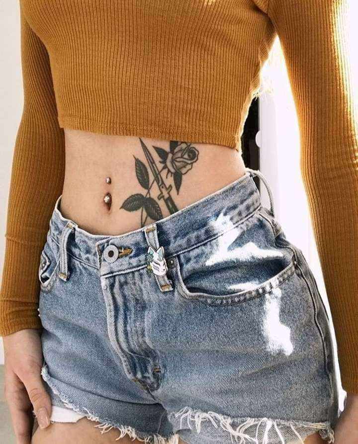 2 TOP 2 Tattoos Abdomen Black Rose with Dagger or Knife