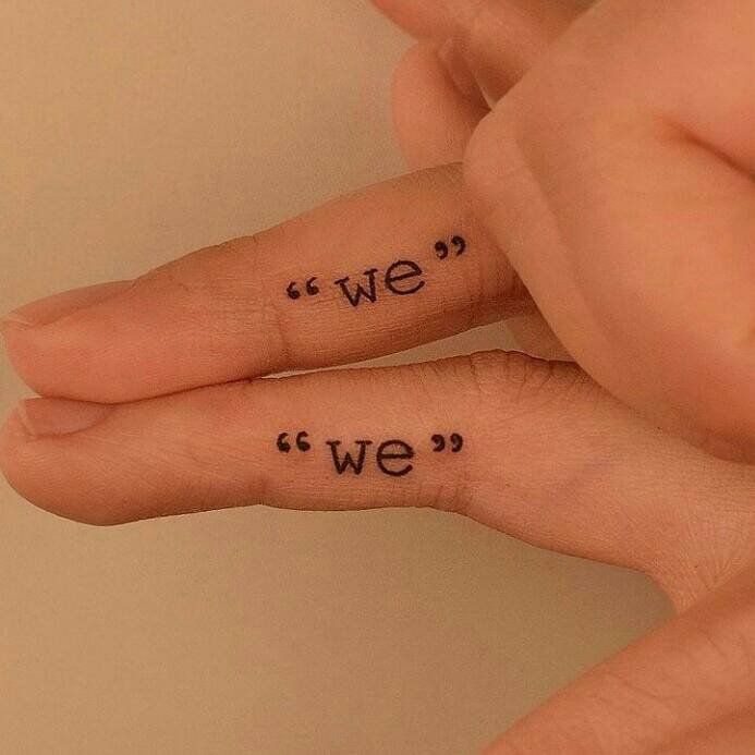 25 Small Minimalist Paired Tattoos word We on the back of both fingers