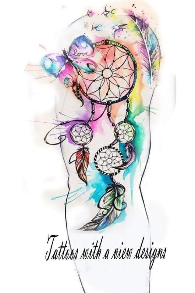 29 Watercolor Dreamcatcher Tattoos with birds and feathers