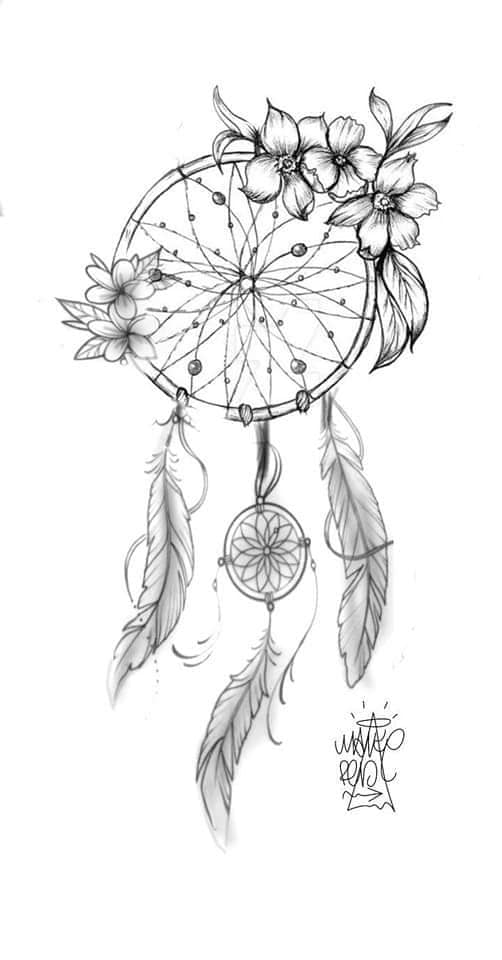 38 Dreamcatcher Tattoos esboço preto com flores