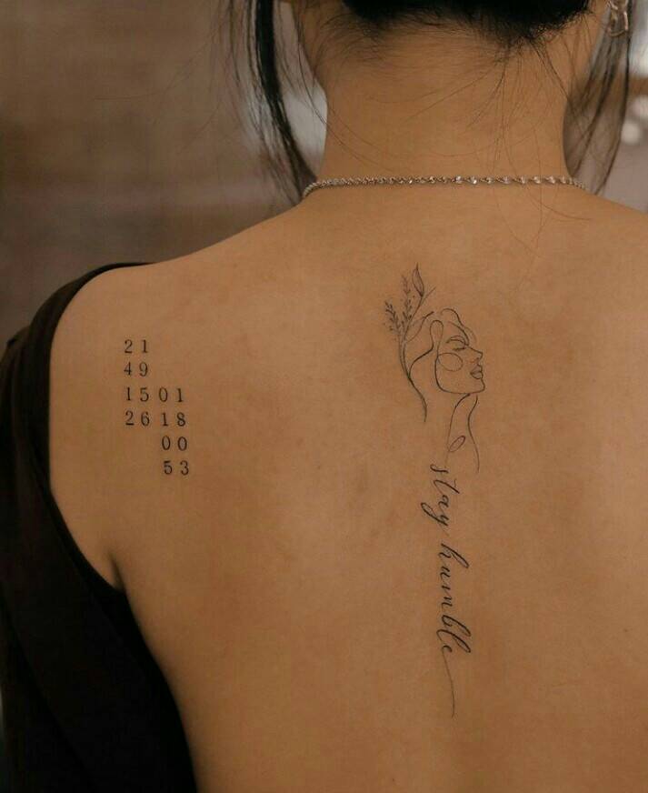 39 tatuaggi neri Bellissimi numeri con date o significato sulla scapola del volto di una donna con un'iscrizione sulla colonna