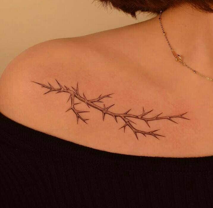 447 Tatuaggi estetici Bellissimo piccolo ramo minimalista con spine sulla clavicola