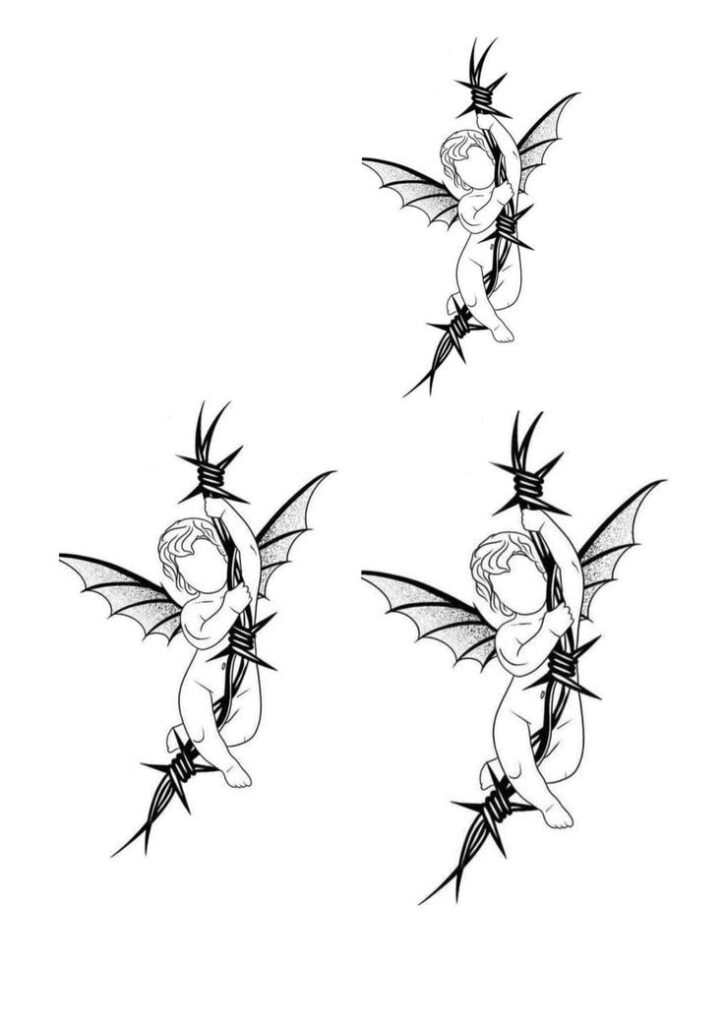 47 Tattoos Sketches Templates of Little Angels with demon or bat wings clinging to a barbed wire