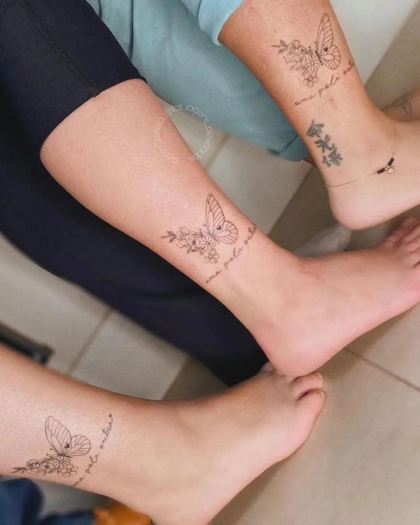 57 Tattoos for Three friends or sisters or butterfly cousins on the calf with inscription