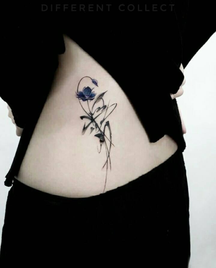 61 Tattoos on the abdomen Blue flower with bud and black stem