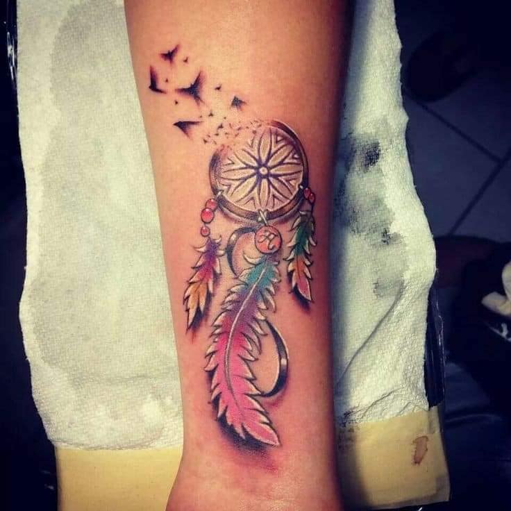 66 Dreamcatcher tattoos on forearm with infinity colorful feathered birds representing children