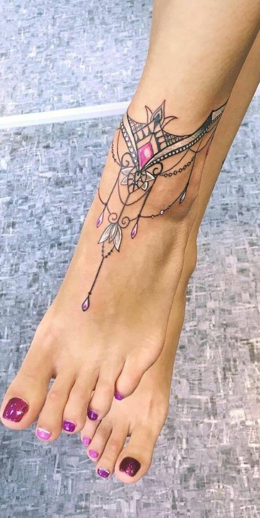 77 Tatuagens no Pé Tornozelo Tornozeleira com gema de losango rosa e decorações no peito do pé