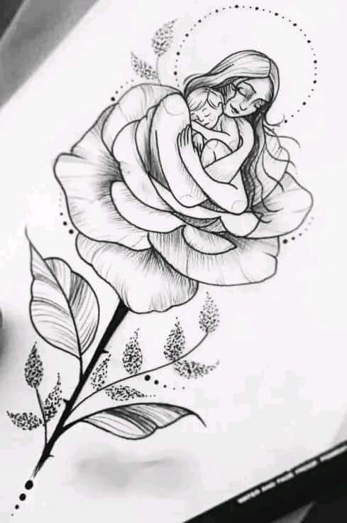 96 Sketch Tattoos of Little Angels Mother hugging baby in a rose