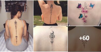 Collage de tatouages sur la colonne vertébrale de la femme 1