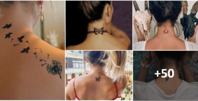 Tatuaggi collage sul collo e sulla nuca