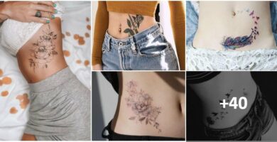 Tatuaggi collage sull'addome della pancia