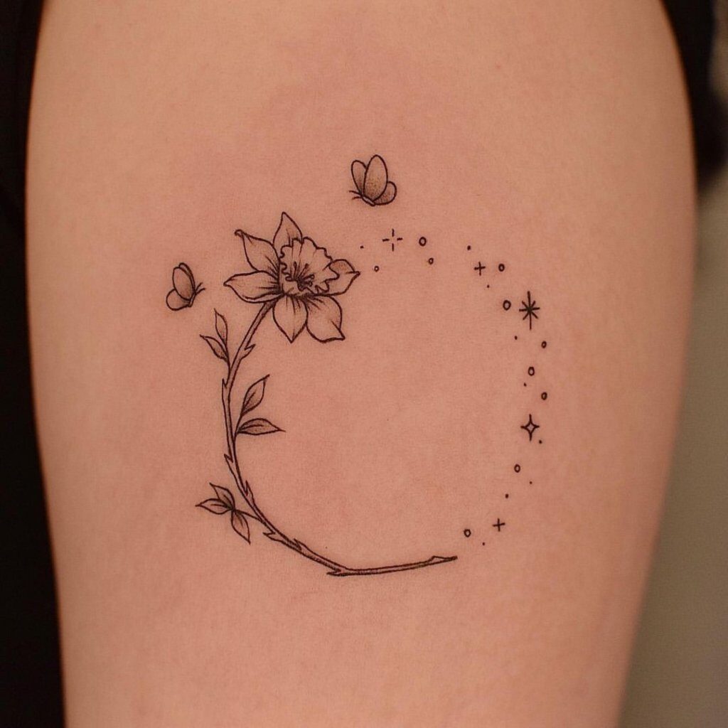 Ästhetische Tattoos. Schöne kleine minimalistische mit vielen Zoom-Konturen einer Blume mit Dornen, die einen Kreis mit kleinen Schmetterlingen und Sternen bilden