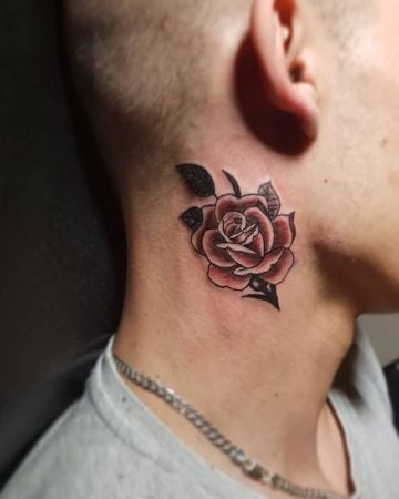Tattoos on the Neck Rose with Black Leaves