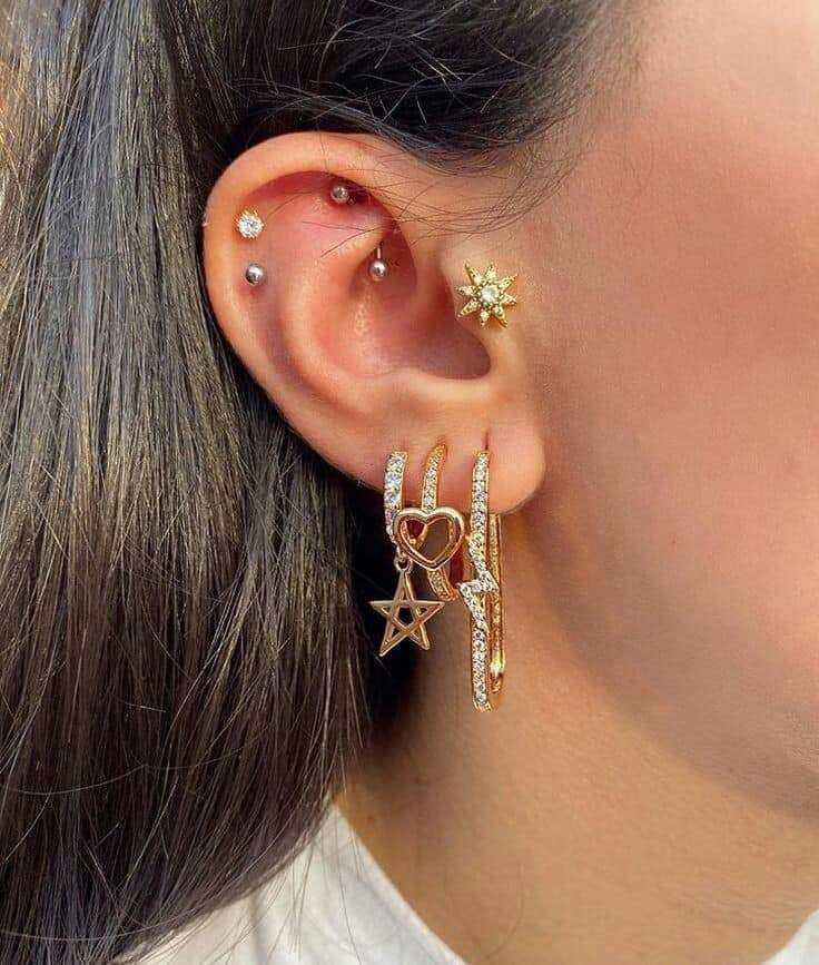116 Piercings in the Ear gold colored hoops with heart star lightning rhinestones