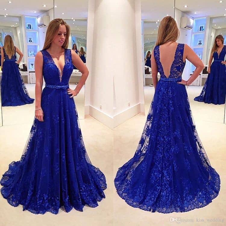 1297 Vestidos Azul Rey Para Fiesta de Boda o dama de Honor escote amplio recto encaje y tul Largo hasta el piso