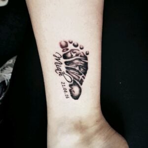 15 Baby Feet Tattoos on calf name Mia