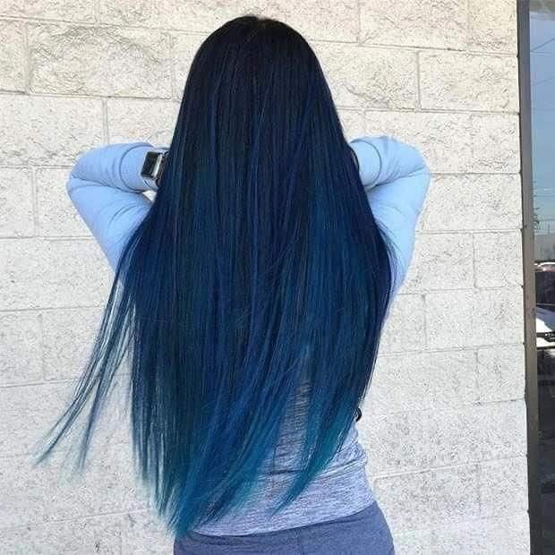 23 Balayage on straight blue hair that is lighter at the ends