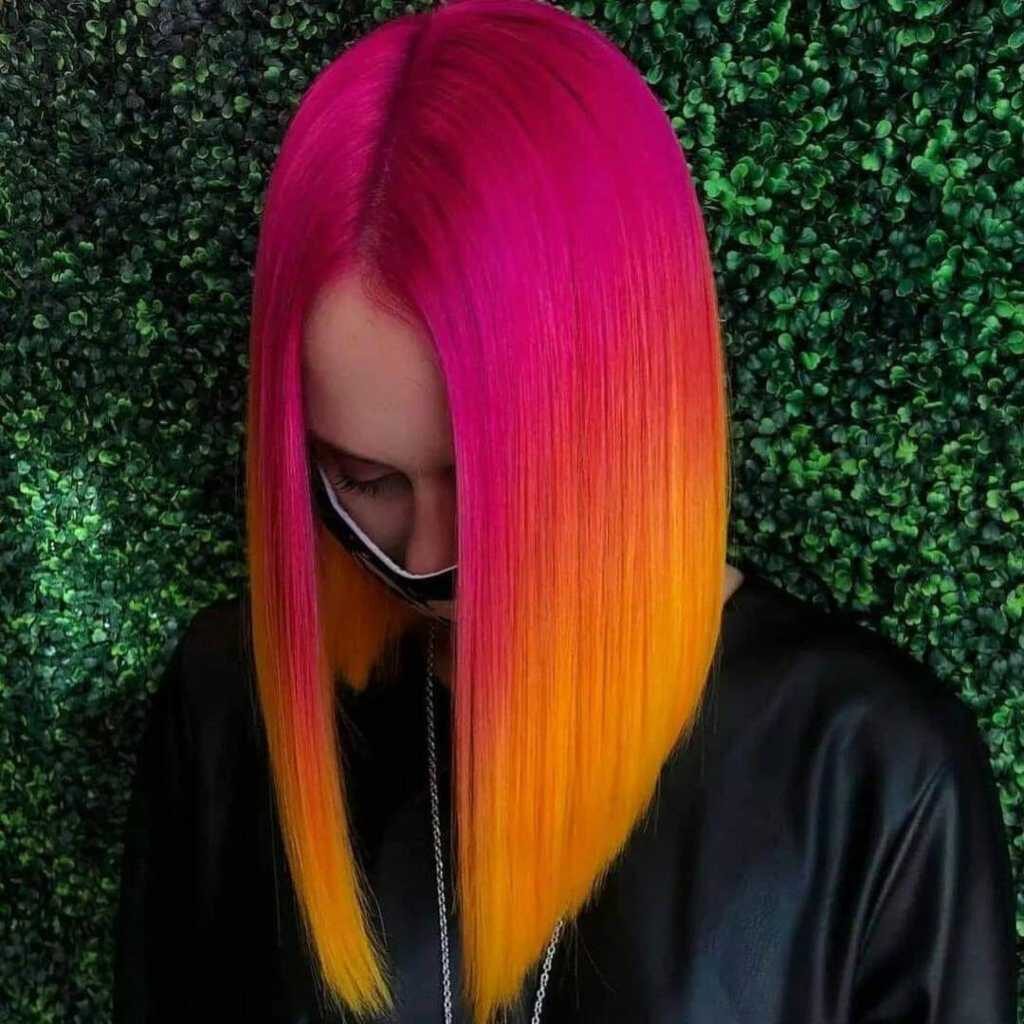 306 cores de cabelo Tons de efeito arco-íris Vermelho Fúcsia Laranja e amarelo nas pontas