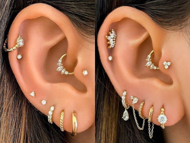 368 Piercings in the Ear golden hoops triangles circles brilliant rings