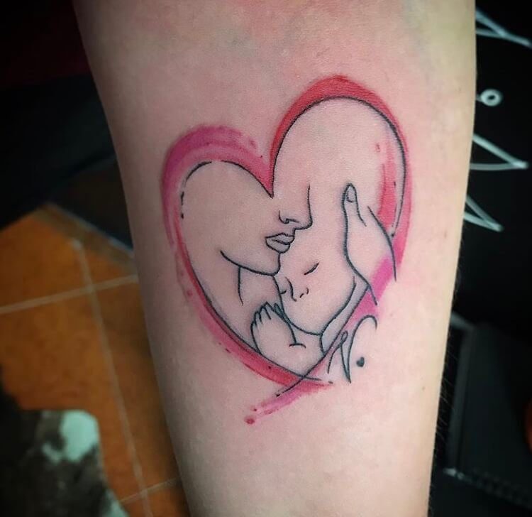 44 Tattoos of Mothers for Children Heart with profile portrait of mother and baby